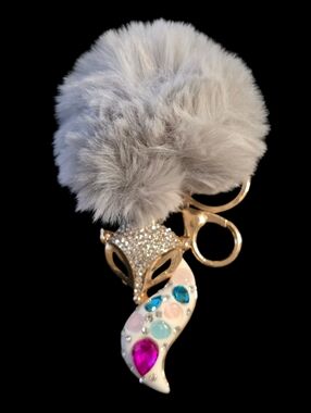 Glam Grey Fox Pom Charm Keychain Designer Style 2.5”